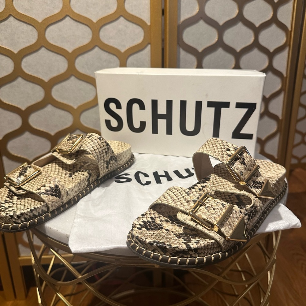 SCHUTZ Beige Snake Print Sandals with Gold Accents
